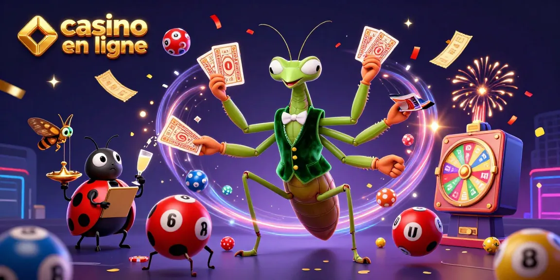 Plonge dans le monde des jeux avec ce casino en ligne où les croupiers mantis gèrent des cartes et de l'argent tout en célébrant.