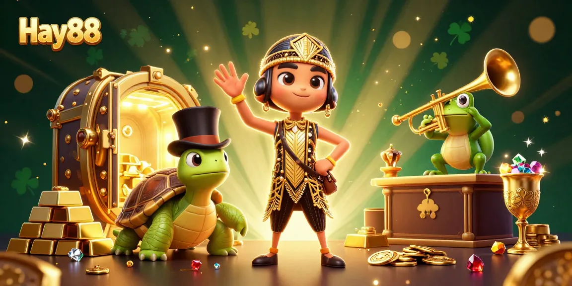 Spin to win at Hay88 with a lively casino scene featuring vibrant characters and dazzling treasures.