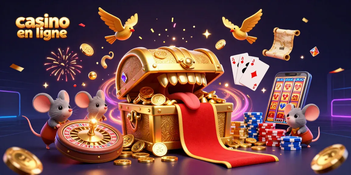Jouer au casino en ligne avec une illustration colorée et dynamique remplie de trésors et de jeux.
