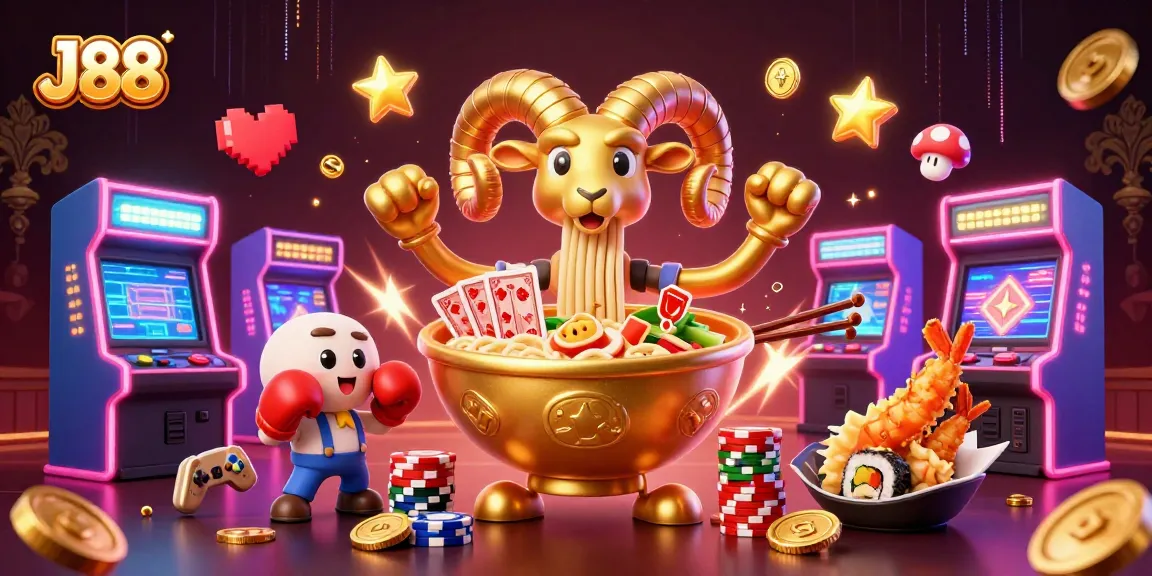 Engage with J88's exciting casino world, featuring cartoon characters and vibrant gaming elements.