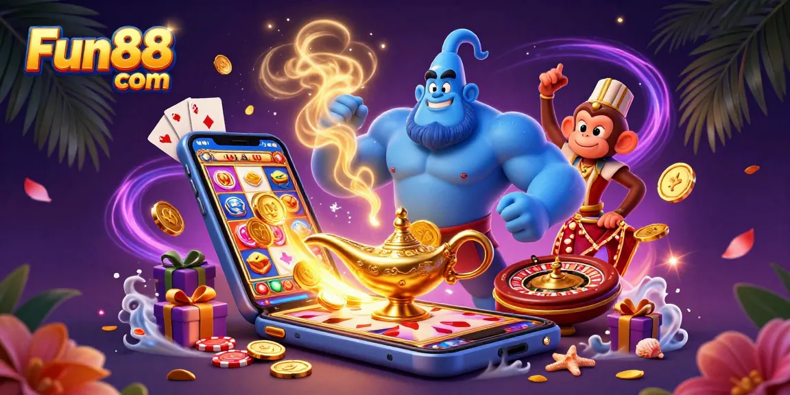 Experience Fun88 com with a vibrant scene featuring a genie, monkey, and magic carpet amidst rich casino elements.
