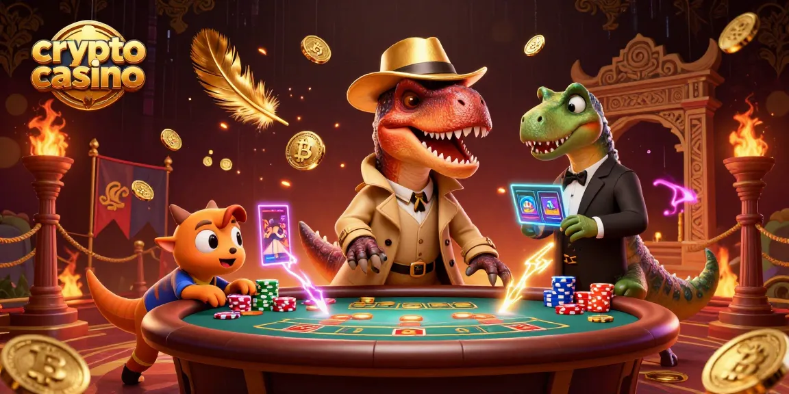 Un velociraptor jouant dans un crypto casino avec des pièces Bitcoin et Ethereum entourant l'action.