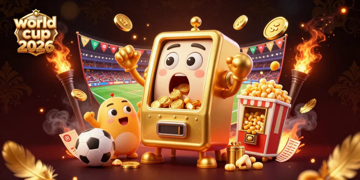 A dynamic sports betting scene celebrating the world cup 2026 with a cheerful golden slot machine hitting a jackpot.