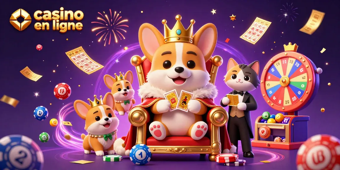 Visitez le casino en ligne avec des corgis royaux sur leur trône entourés de loteries et de jeux d'argent.