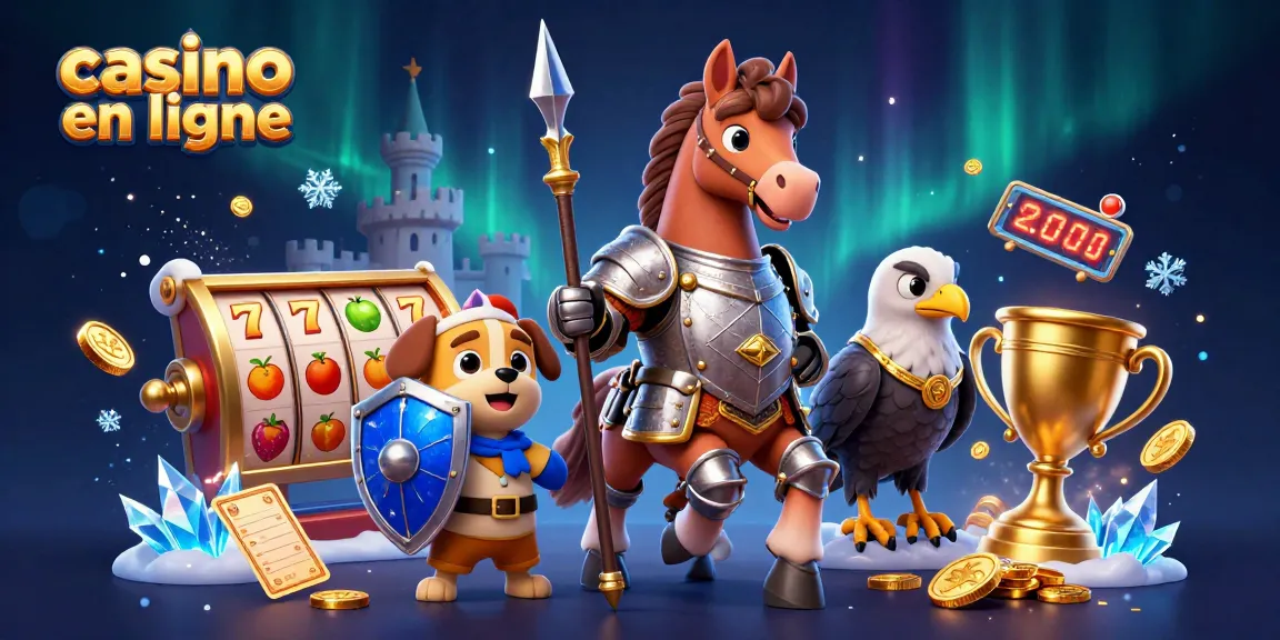 Illustration captivante de casino en ligne avec un chevalier et une mascotte, mettant en avant des éléments de jeux de casino.