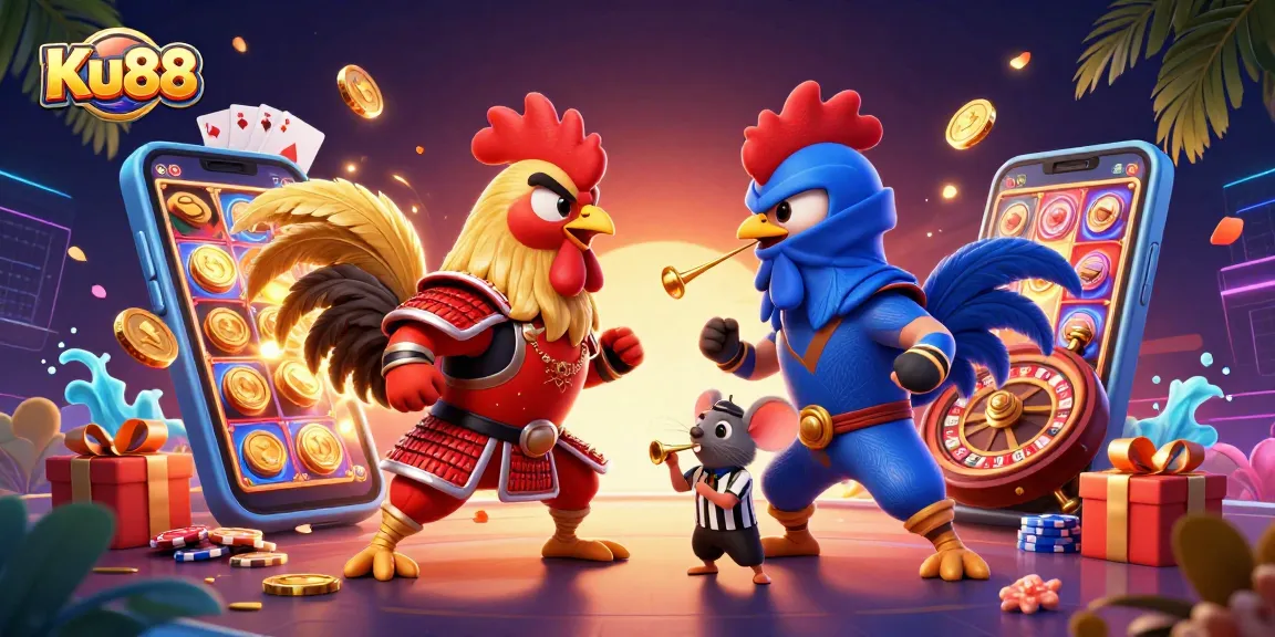 Engage with Ku88's vibrant 3D casino scene featuring dynamic cartoon roosters battling amidst gaming elements.
