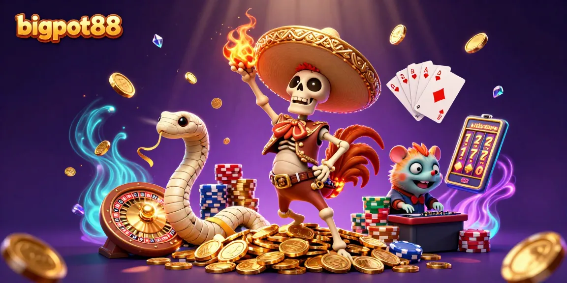 bigpot88 menang di kasino dengan karakter 3D penuh warna dan koin emas melimpah.