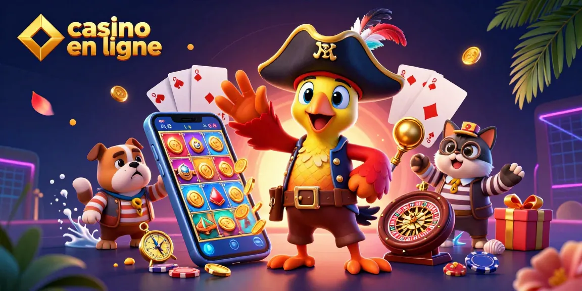 Capturer l'excitation d'un casino en ligne avec un perroquet pirate et ses compagnons entourés de jeux colorés et de pièces dorées.