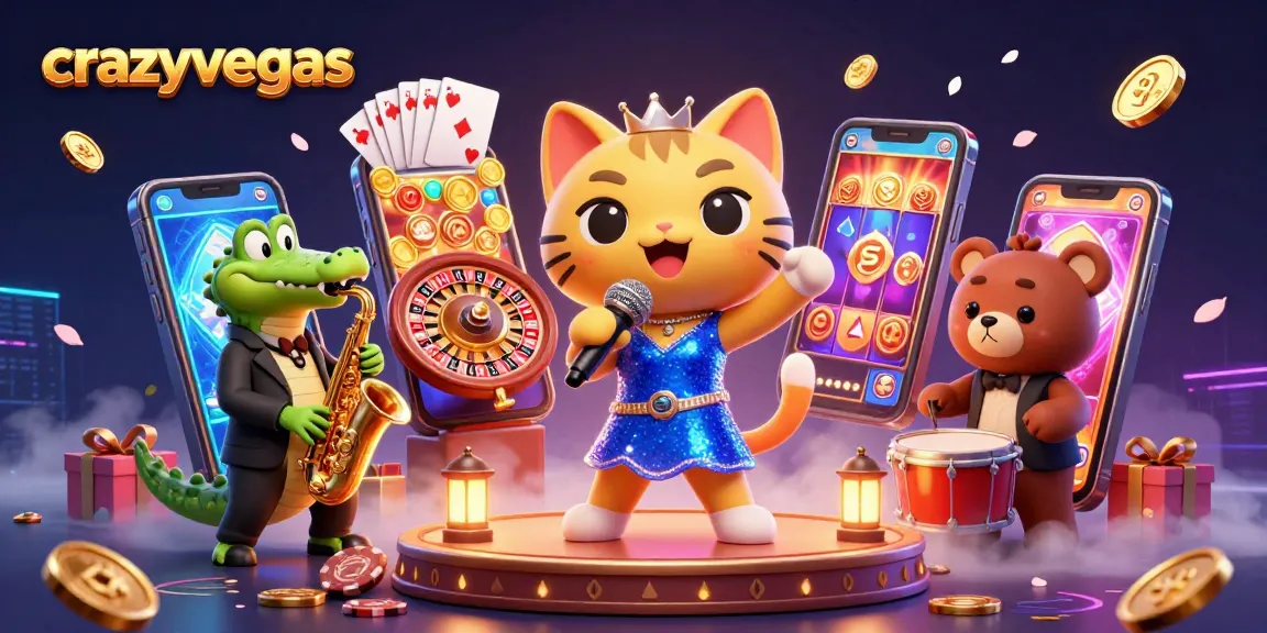Experience thrilling fun at crazyvegas with a lively scene of casino characters and game elements.