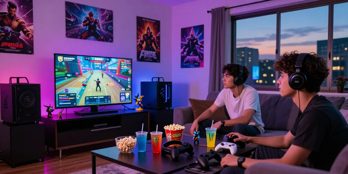 FAFA828 gaming night with friends in a vibrant living room full of snacks, consoles, and game posters.