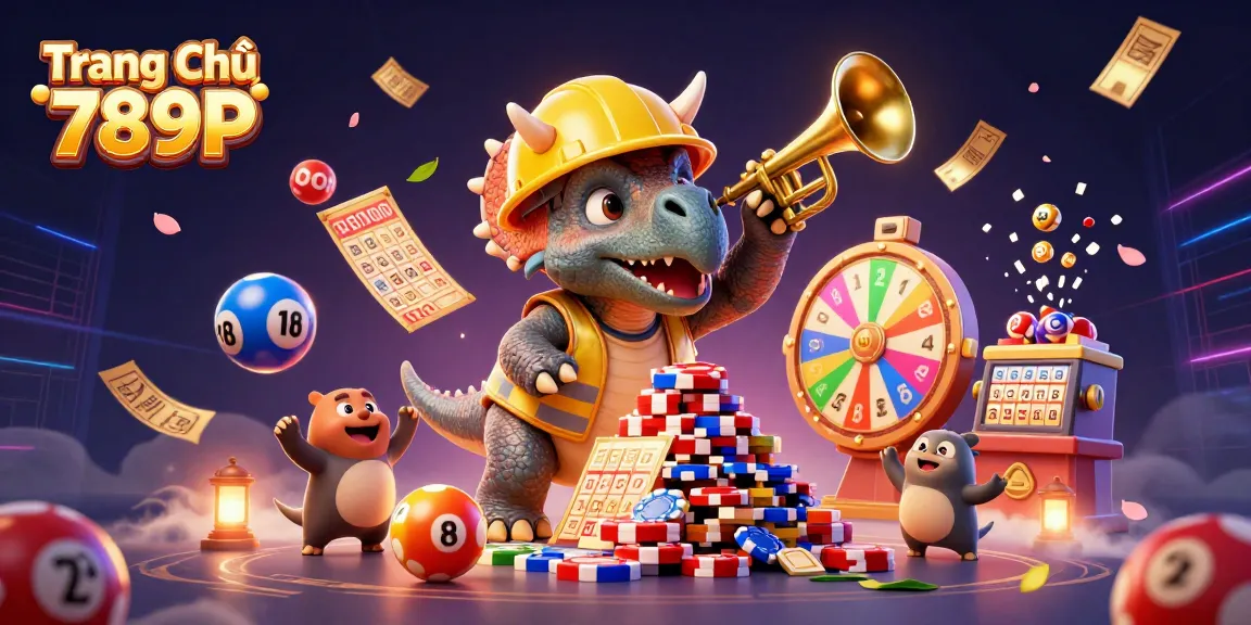 Cheerful scene with a triceratops building poker chips at Trang Chủ 789P, surrounded by dynamic gaming elements.