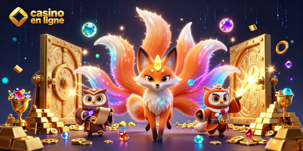 Découvrez un esprit de renard aux neuf queues dans un casino en ligne féerique entouré de trésors scintillants.