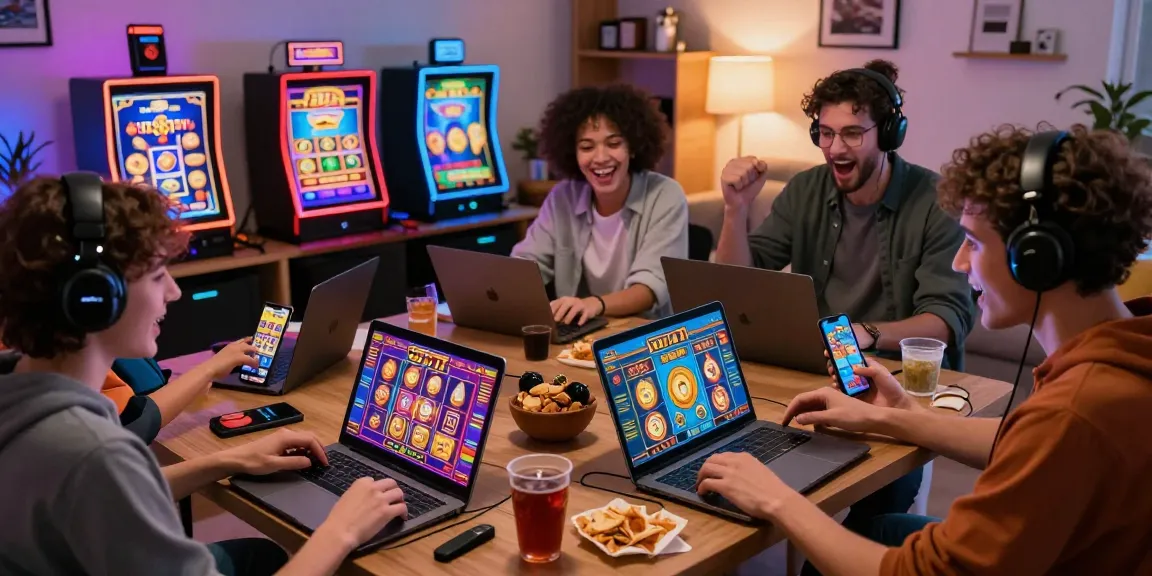 Players enjoying slot777 games on various devices in a vibrant gaming setup.