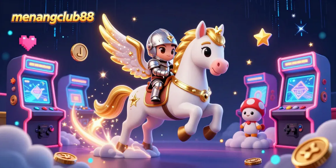 Experience thrilling adventures at menangclub88 with our celestial horse and knight, amidst vibrant gaming visuals.