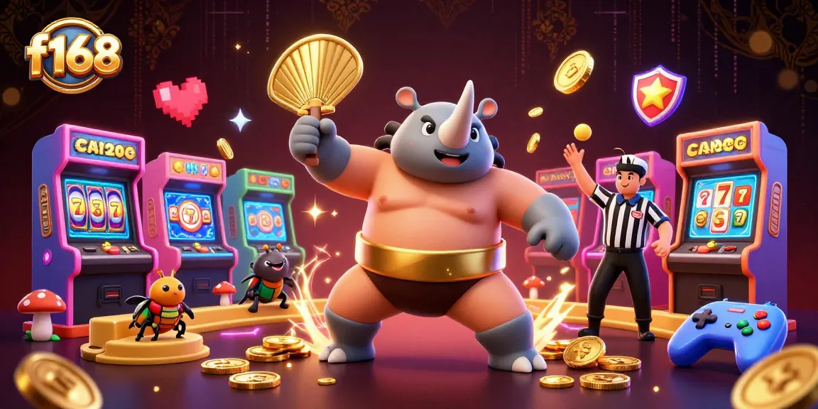 f168 showcases an exciting 3D casino scene with a sumo beetle champion and vibrant gaming elements
