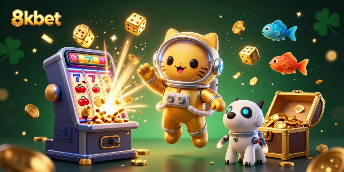 Engage with 8kbet's dynamic 3D illustration showcasing a casino scene with a jackpot explosion and vibrant gaming elements.