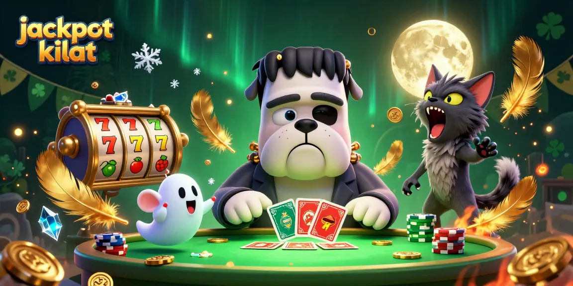 Experience jackpot kilat excitement with this vibrant casino illustration featuring unique characters and slot elements.
