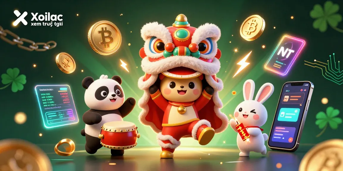 Xoilac xem trực tiếp with an engaging scene of a lion dance, drumming panda, and vibrant crypto elements, perfect for online casino players.