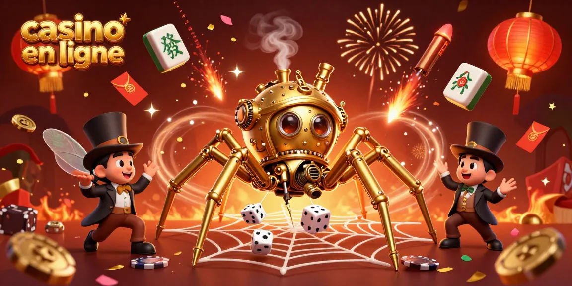 Le casino en ligne captivant avec une araignée steampunk en or attrapant des dés, entourée de pièces chinoises.