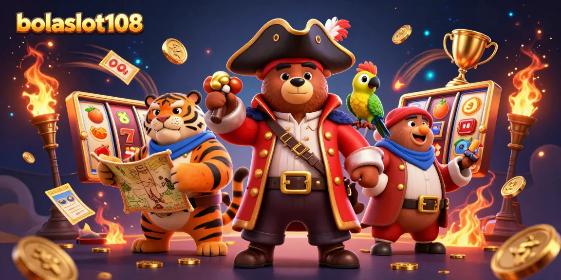Engage with bolaslot108 featuring a lively scene of a pirate bear, tiger, and parrot amidst dynamic slots and casino elements.