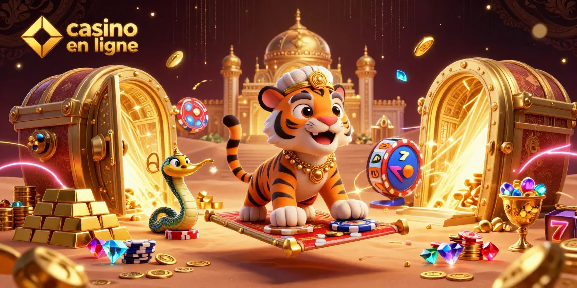 Un sultan tigre sur un tapis de poker dans un casino en ligne, entouré de trésors et de lumières.