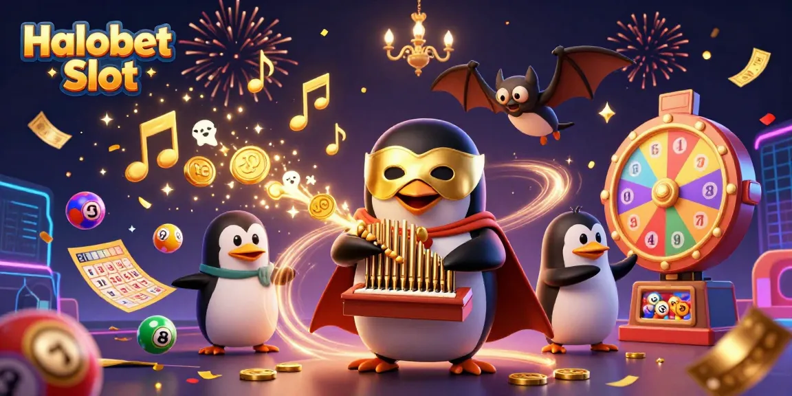 Belajar strategi Halobet Slot dengan ilustrasi meriah penuh unsur kasino.