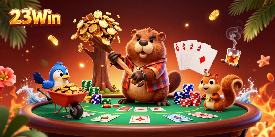Collect coins with 23Win in a vibrant 3D casino scene featuring poker elements.