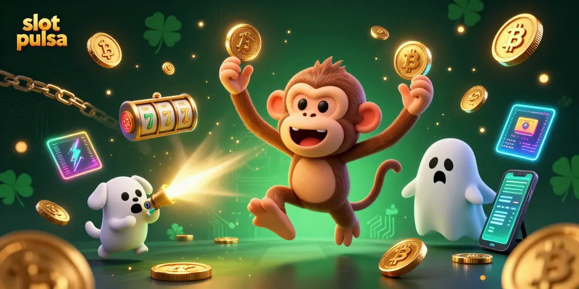 Engage with slot pulsa adventures in a lively casino scene with dynamic characters and gold coins.