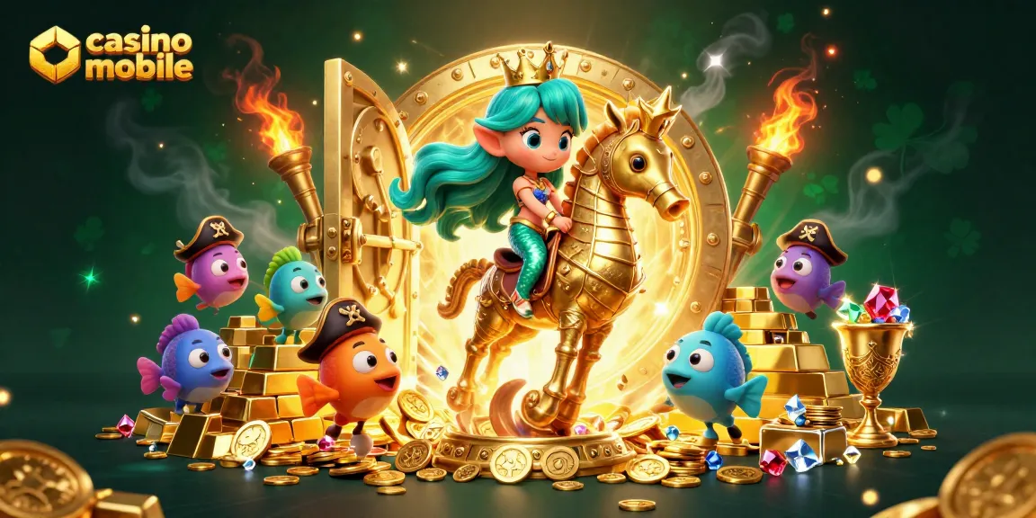 Plongez dans l'univers du casino mobile avec une sirène au trésor entourée de poissons colorés.