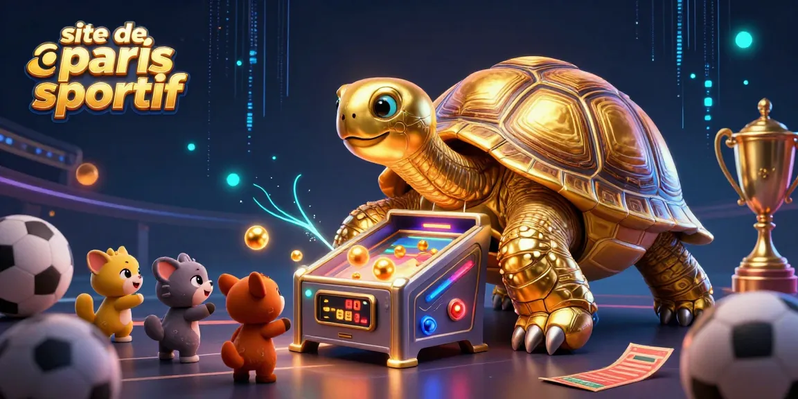 Pariez en toute sécurité avec le site de paris sportif, grâce à un tortue géante amusante entourée d'éléments de pari.
