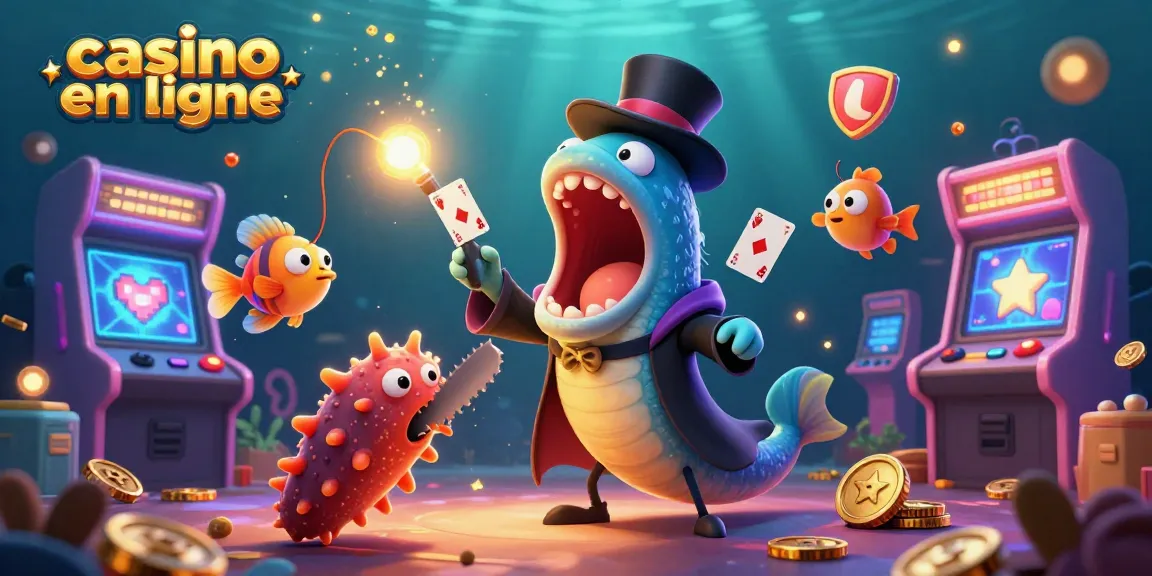 Illustration ludique "casino en ligne" avec un poisson-lanterne et un poisson-gobeur en spectacle de magie.