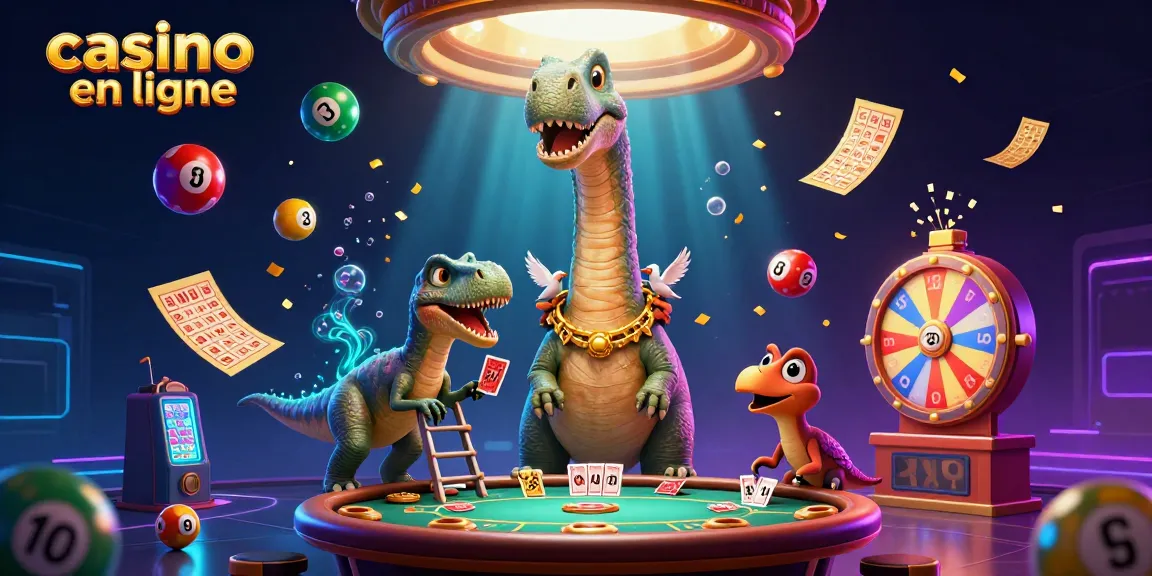 Jouer au casino en ligne avec un brontosaurus géant et un raptor dealer de cartes, ambiance captivante.