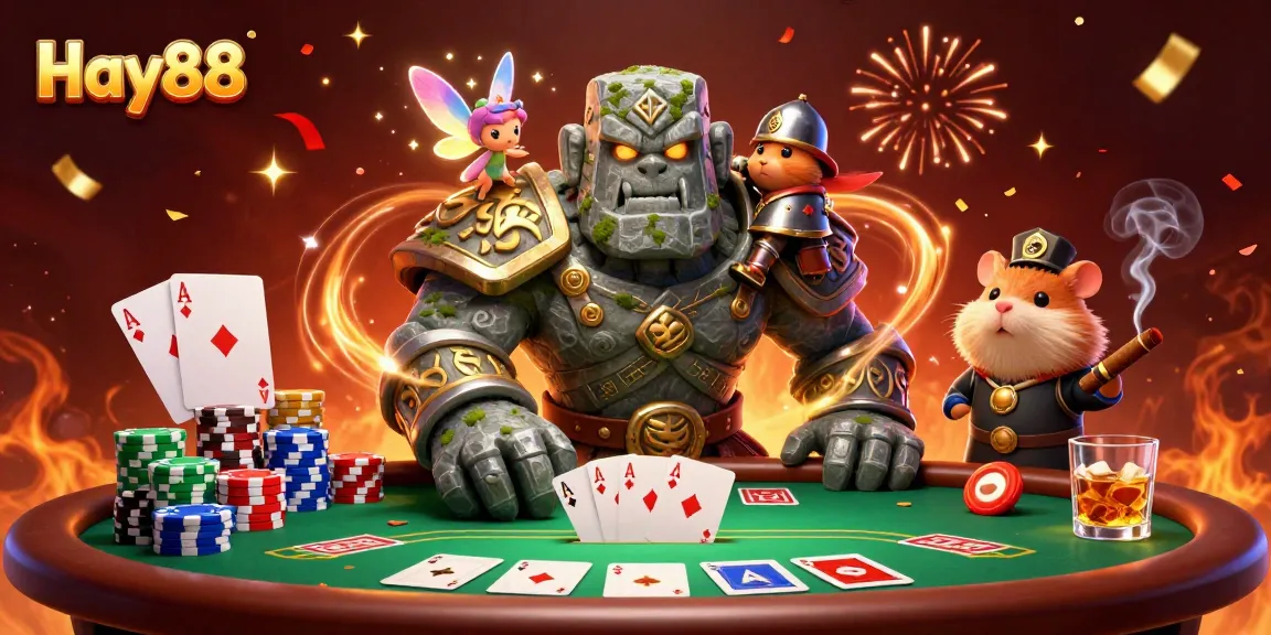 Hay88 invites players to engage in high-stakes poker, featuring a dynamic scene with an enchanted golem and magical friends.