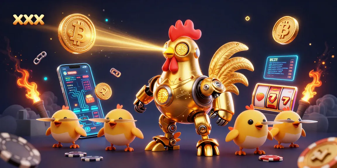 Engage with winning strategies in xxx featuring a golden rooster robot amidst vibrant slot reels and cryptocurrency.