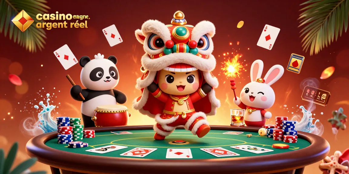 Jouer à des jeux de casino en ligne argent réel dans une ambiance festive, avec un lion dansant et une scène vibrante.
