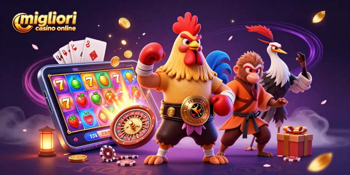 I migliori casino online presentano un avvincente match tra un gallo Muay Thai e un saggio maestro mentre giocano su uno smartphone.