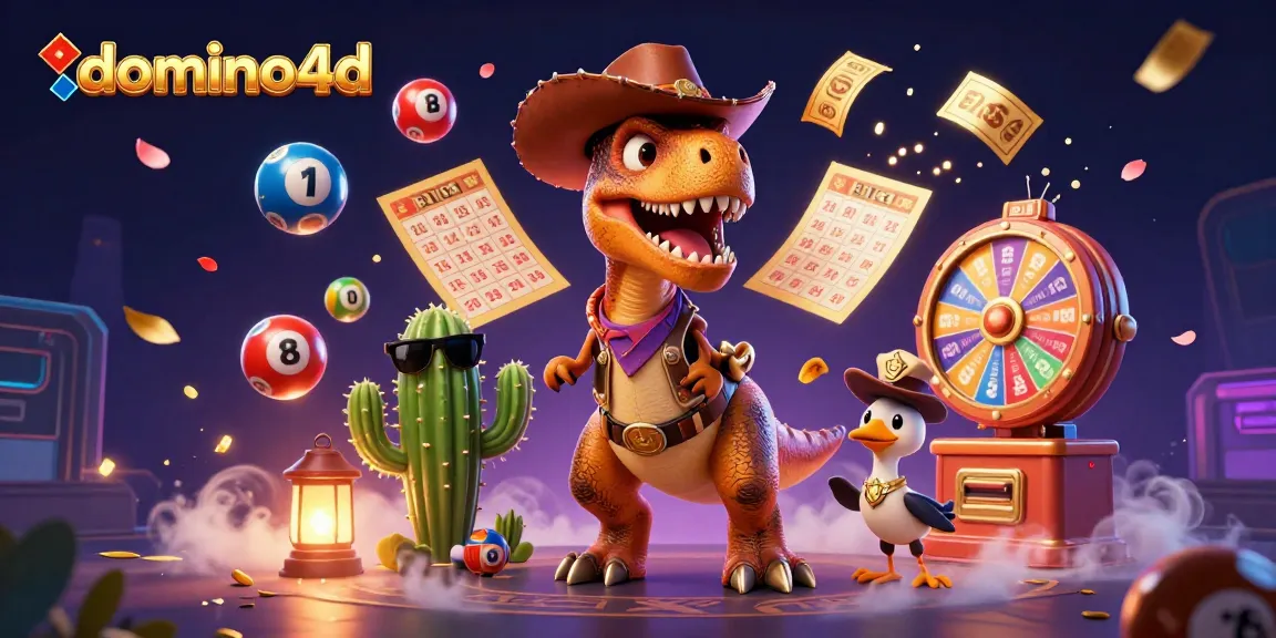 kanvas perjudian dengan domino4d yang menyenangkan, karakter dino cowboy, bola lotere berwarna, dan efek uang