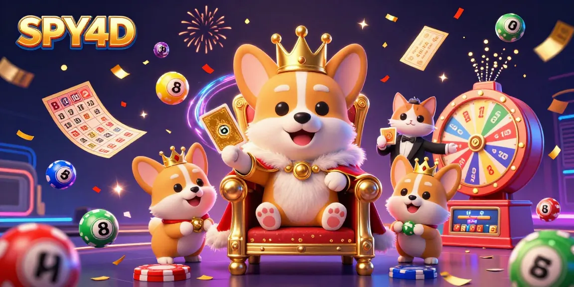 SPY4D menghadirkan suasana menang yang meriah dengan corgi kerajaan dan butler dalam ilustrasi kasino.