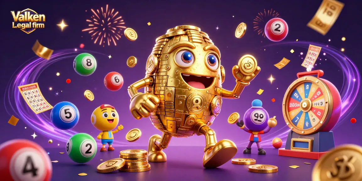 Engage with the Valken Legal firm in an exciting 3D lottery scene featuring a golden golem amidst vibrant prize elements.