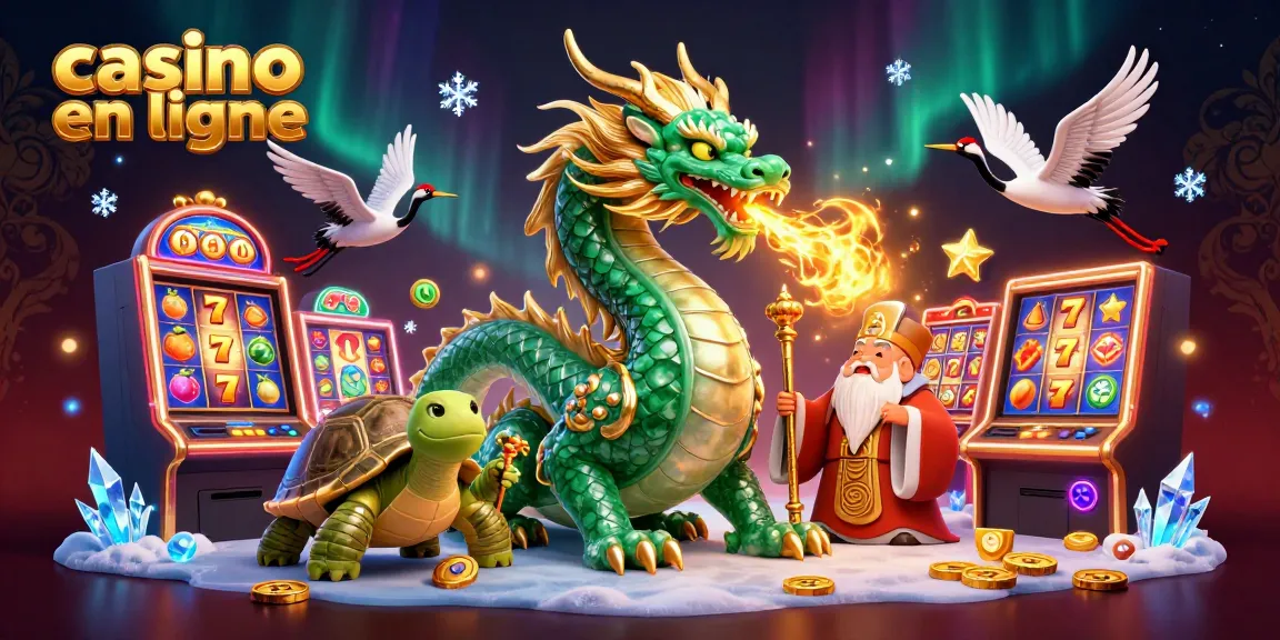 Des dragons chinois en ligne de casino, symboles de jackpot et machines à sous, créant une ambiance chanceuse.