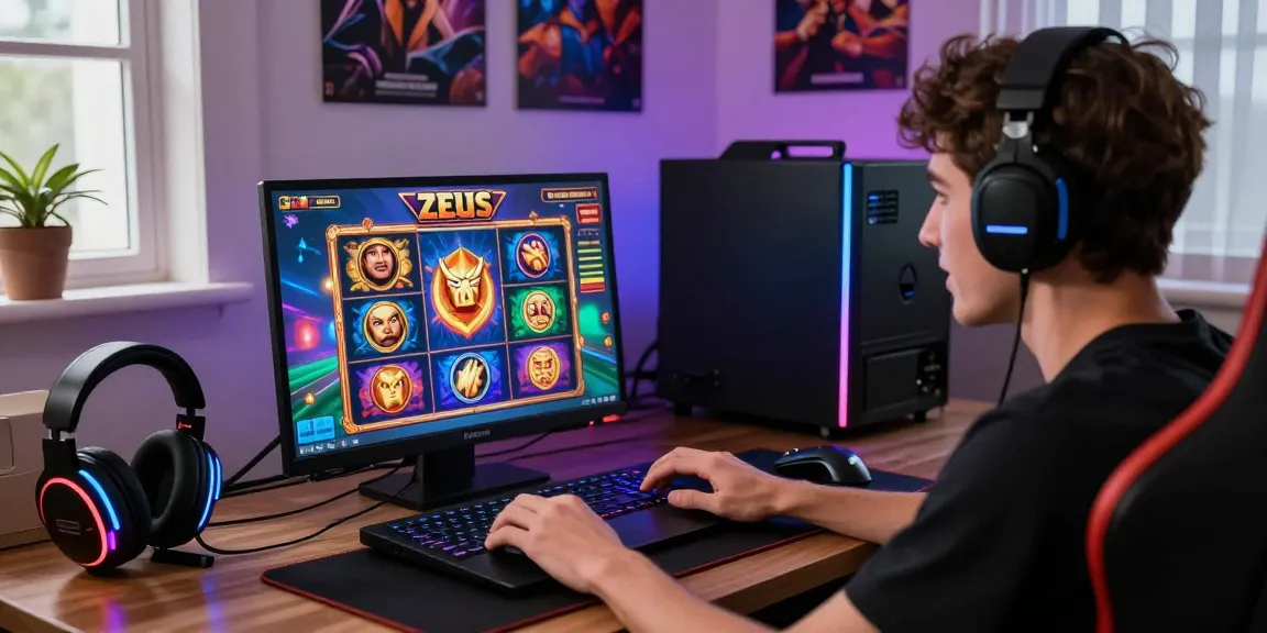 Player engaged in slot zeus game on vibrant gaming laptop, showcasing modern setup and accessories.