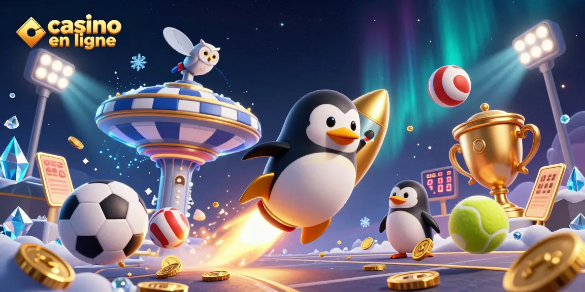 Visuel captivant sur le casino en ligne avec un pingouin doré, des pièces et des éléments sportifs.