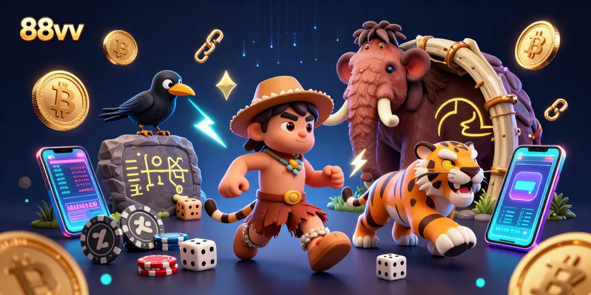Experience the excitement of 88vv with a vibrant, animated ancient casino scene featuring a caveman and sabertooth tiger.