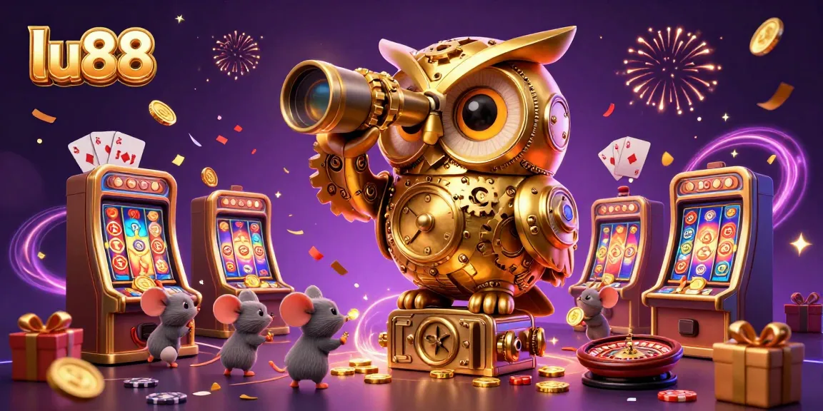 Experience excitement with lu88 as whimsical owls and mice delight in a vibrant casino scene.