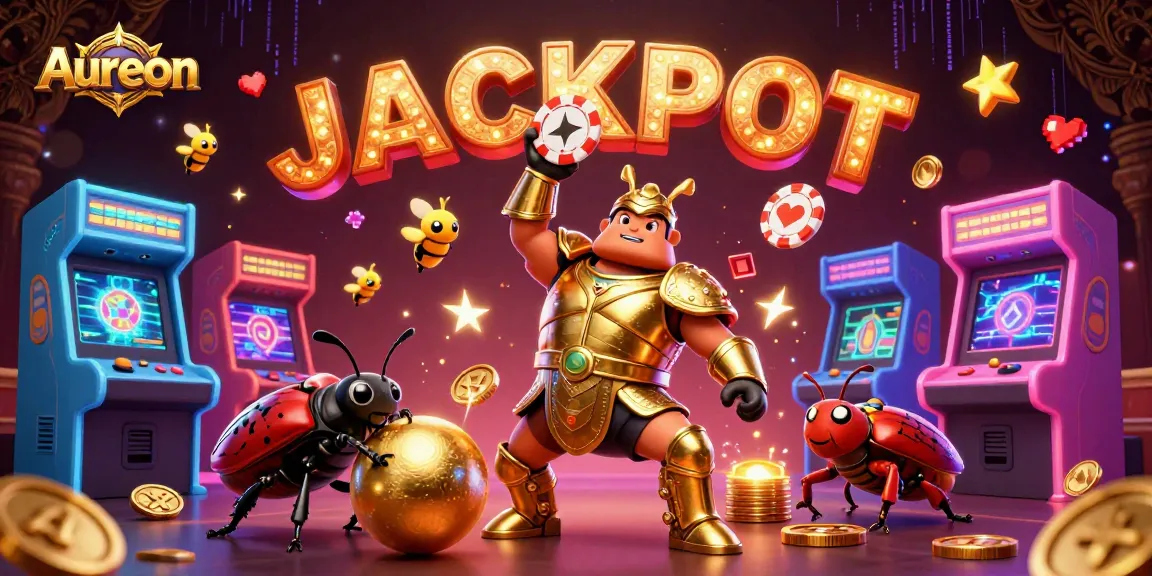Aureon casino triumphantly showcasing a beetle hero amidst vibrant gaming elements, celebrating wins