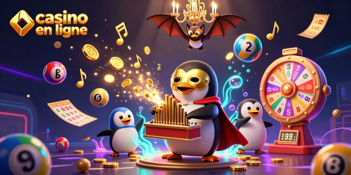 Jouez à casino en ligne avec des éléments de loterie colorés et un pingouin phantôme à l'orgue.