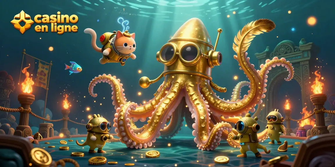 Plongez dans l'univers du casino en ligne avec ce kraken doré dans un océan de trésors