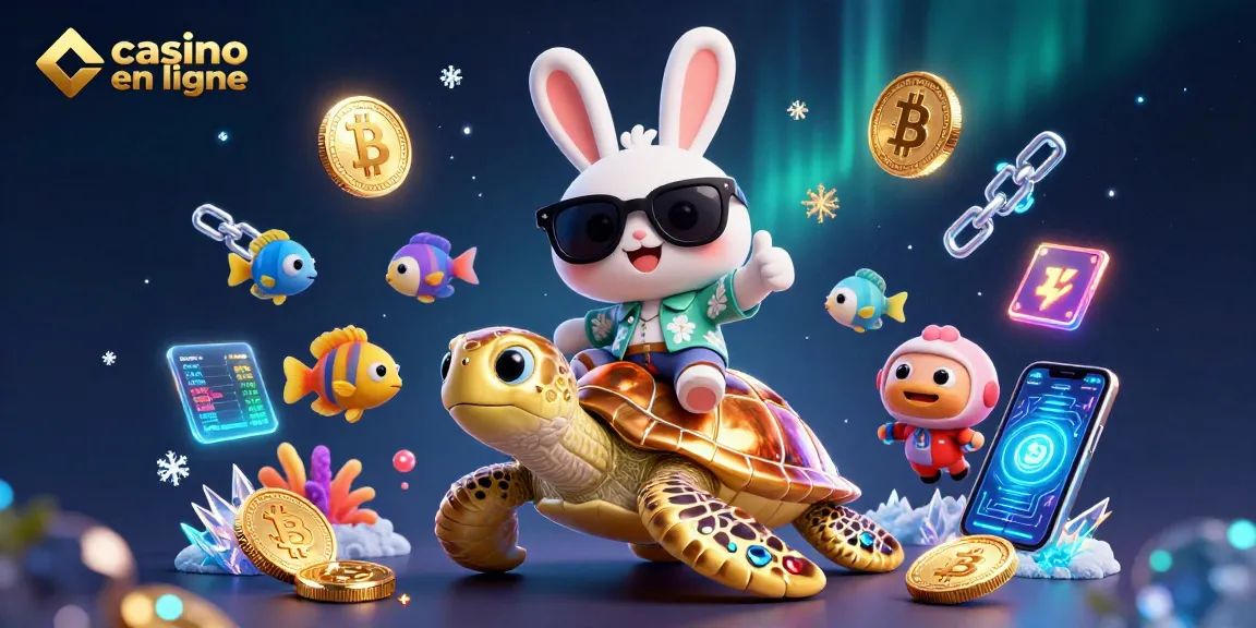 Gagnez avec le meilleur casino en ligne, illustrant un lapin chanceux et une tortue dorée dans un monde crypto.