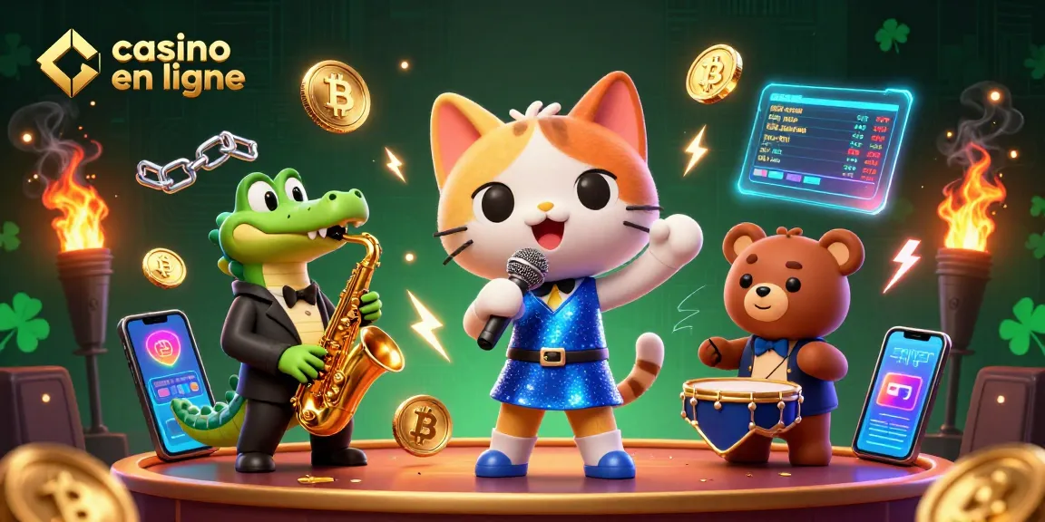 Jouez au casino en ligne en découvrant un chat chanteur et ses amis sur scène avec des pièces de crypto-monnaie.