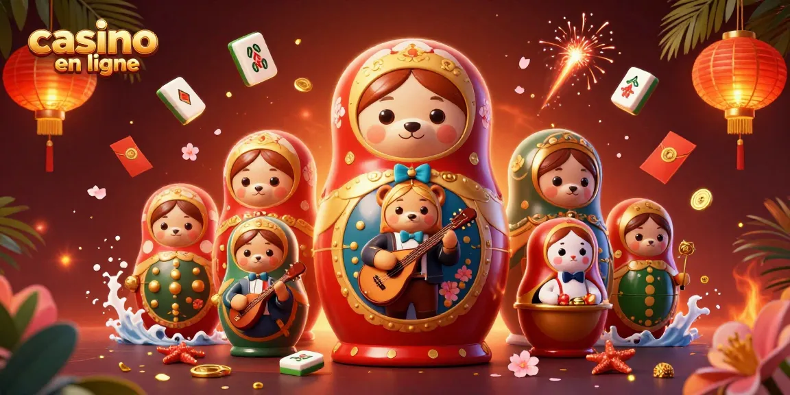 Illustration animée représentant un casino en ligne avec une matriochka et des éléments festifs.